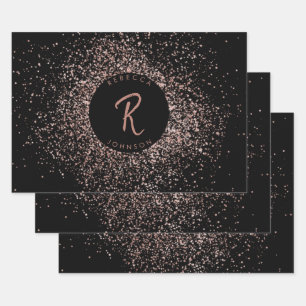 Rose Rosa Schwarz-Glitzer-Rahmen-Monogramm Geschenkpapier Set