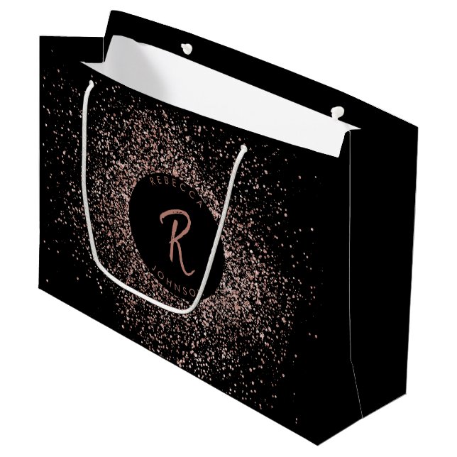 Rose Rosa Schwarz-Glitzer-Rahmen-Monogramm Große Geschenktüte (Vorderseite Schrägansicht)
