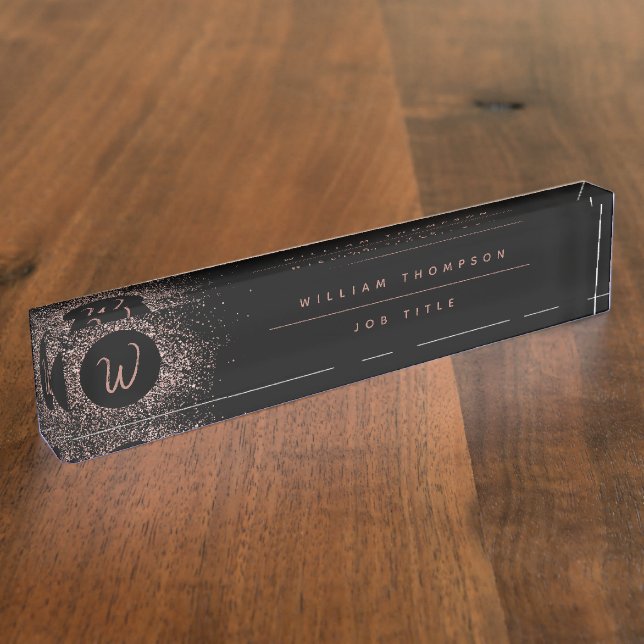 Rose Rosa Schwarz-Glitzer-Rahmen-Monogramm Namensplakette (Seite)