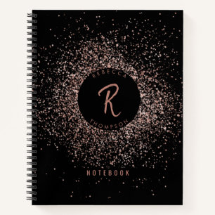 Rose Rosa Schwarz-Glitzer-Rahmen-Monogramm Notizbuch