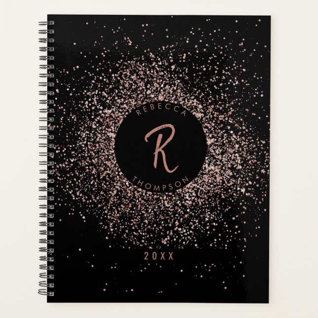 Rose Rosa Schwarz-Glitzer-Rahmen-Monogramm Planer (Vorderseite)