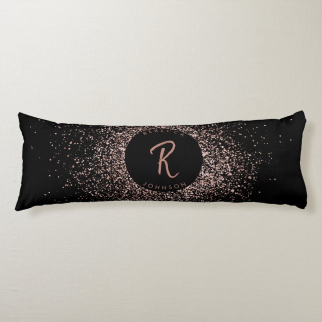 Rose Rosa Schwarz-Glitzer-Rahmen-Monogramm Seitenschläferkissen (Vorderseite)