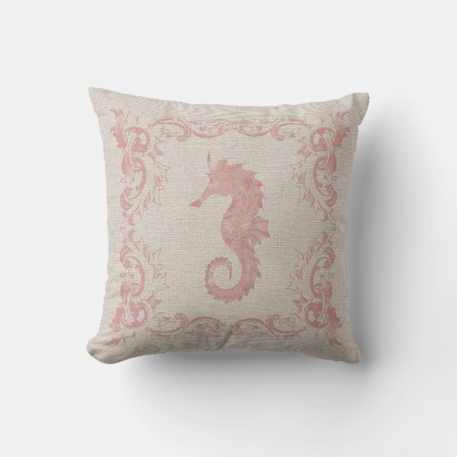 Rose Rosa und Beige Seepferd Küstenstil Kissen (Vorderseite)