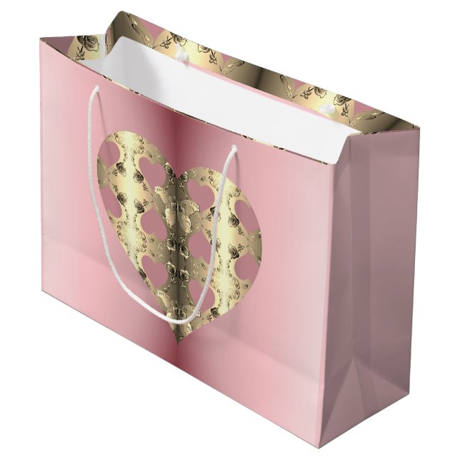 Rose Rosa und Bronze Herzlich Willkommen am Valent Große Geschenktüte (Vorderseite Schrägansicht)