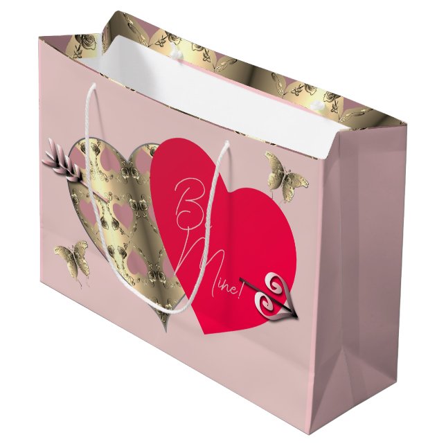 Rose Rosa und Bronze Herzlich Willkommen am Valent Große Geschenktüte (Vorderseite Schrägansicht)