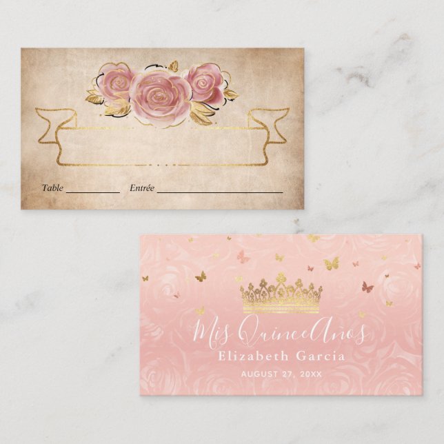 Rose Rosa Wasserfarben Gold Elegante Escort Platzkarte (Vorne/Hinten)