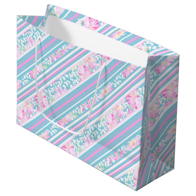 Rose, rosa, weiße Streifen Große Geschenktasche Geschenktüte (Vorderseite Schrägansicht)