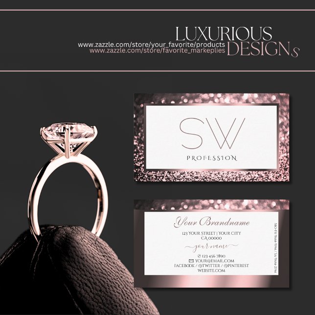 Rose Rosa, weißer Glitzer Monogram Visitenkarte (Von Creator hochgeladen)