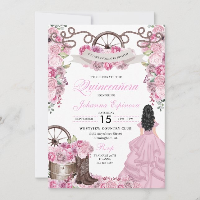 Rose Rosa Western Ranchero Quinceanera Einladung (Vorderseite)
