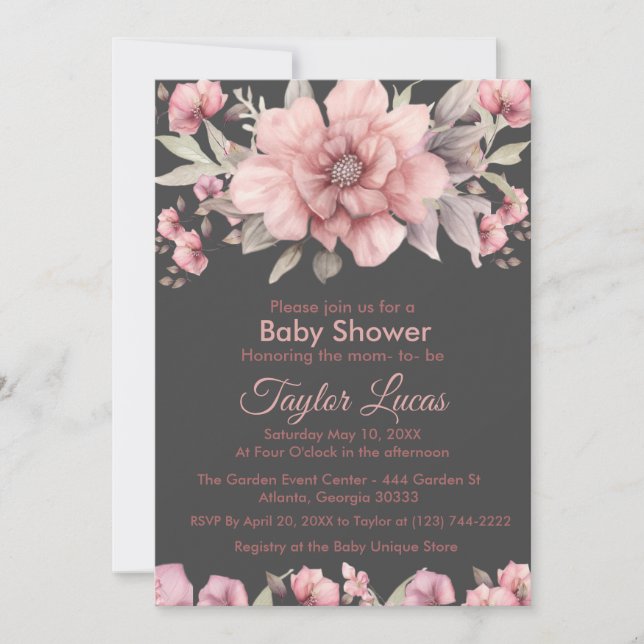 Rose rose avec Baby shower vert Invitation (Devant)
