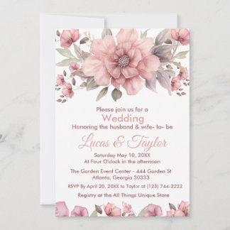 Rose rose avec Faire-part de mariage verdoyante