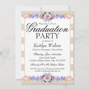 Rose Rose Beige Stripe Graduation Party Invitation