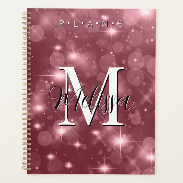 Rose Rose Bokeh Moderne Monogramme Sparkle Planner (Devant)