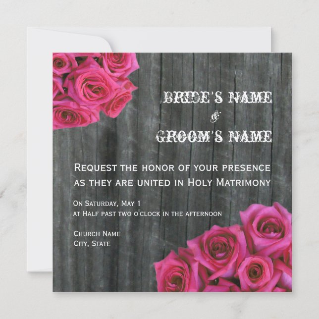 Rose rose chaud et Faire-part de mariage en bois d (Devant)