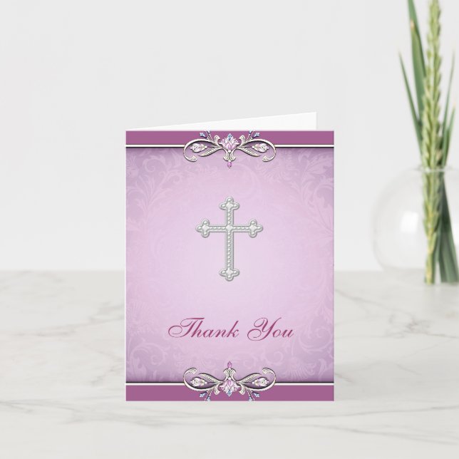 Rose rose Damas Croix chrétienne Carte de remercie (Devant)