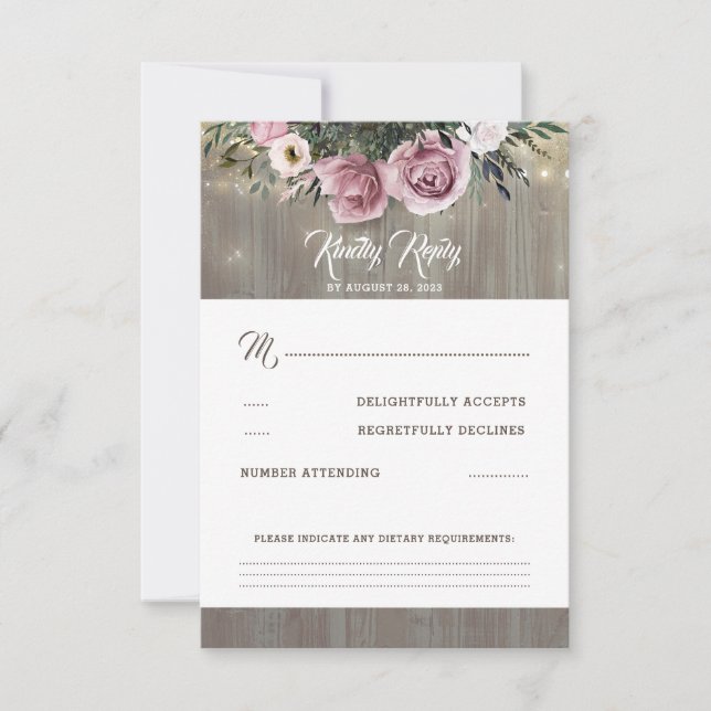 Rose rose Dusty Mariage floral RSVP (Devant)