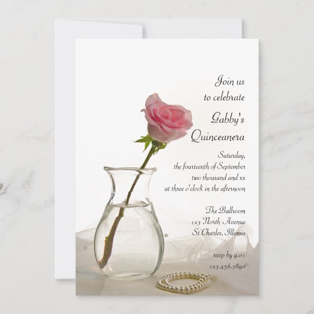 Rose rose et perles Quinceanera Party Invitation (Devant)