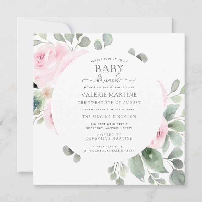 Rose rose Eucalyptus Baby Brunch Invitation (Devant)