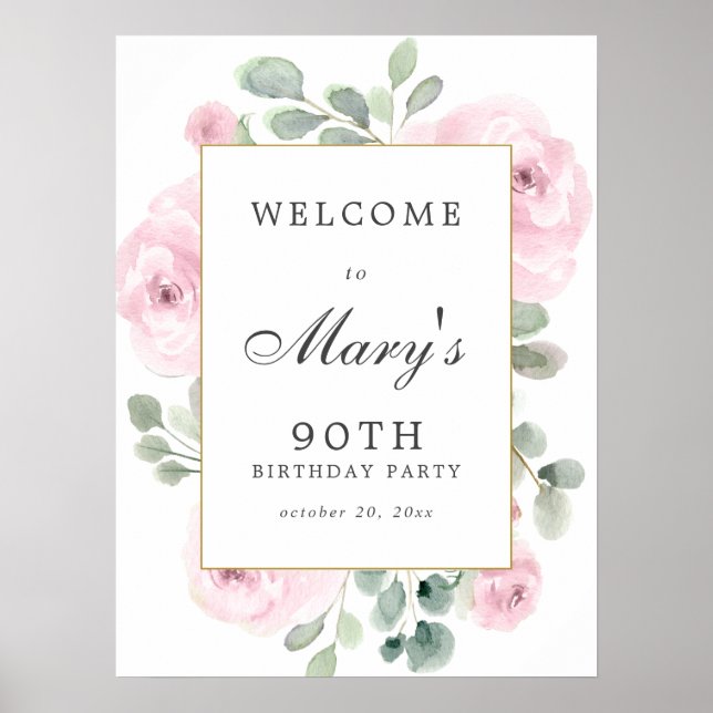 Rose rose Floral 90e Affiche de bienvenue d'annive (Devant)