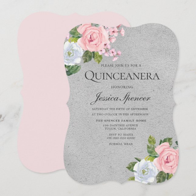 Rose Rose Floral Argent Quinceanera Invitation du  (Devant / Derrière)