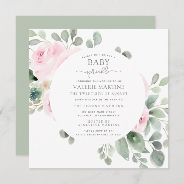 Rose rose Floral Baby Sprinkl Invitation (Devant / Derrière)