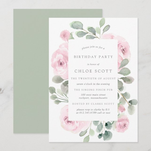 Rose rose Floral Eucalyptus Invitation Anniversair (Devant / Derrière)