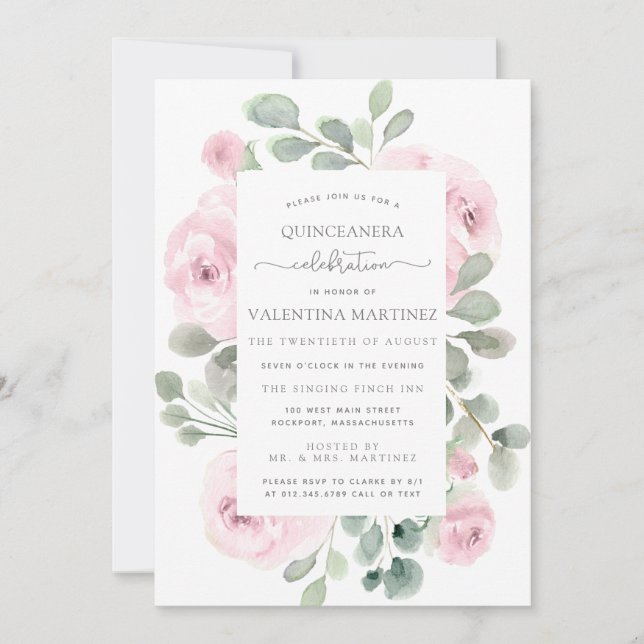 Rose rose Floral Quinceanera Invitation (Devant)