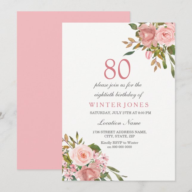 Rose Rose Gold Flowers 80e anniversaire Invitation (Devant / Derrière)