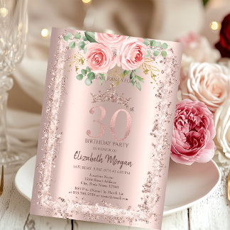 Rose, Rose Gold Glitzer Rahmen Crown 30. Geburtsta Einladung