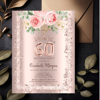 Rose, Rose Gold Glitzer Rahmen Crown 60. Geburtsta Einladung