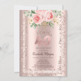 Rose, Rose Gold Glitzer Rahmen Krone 40. Geburtsta Einladung
