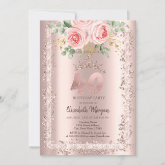 Rose, Rose Gold Glitzer Rahmen Krone 40. Geburtsta Einladung