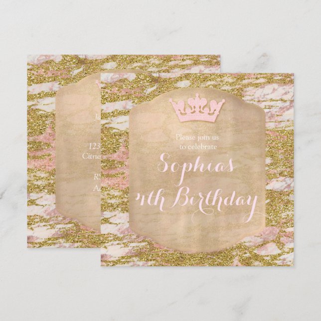 Rose Rose Gold Princess Invitation de fête d'anniv (Devant / Derrière)