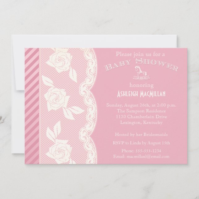 Rose rose, invitation floral en ivoire de baby (Devant)