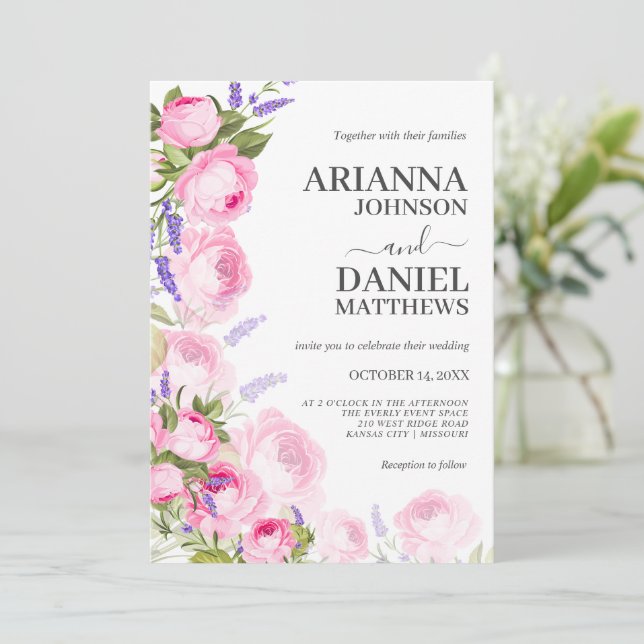 Rose rose & Lavender Floral Invitation (Debout devant)