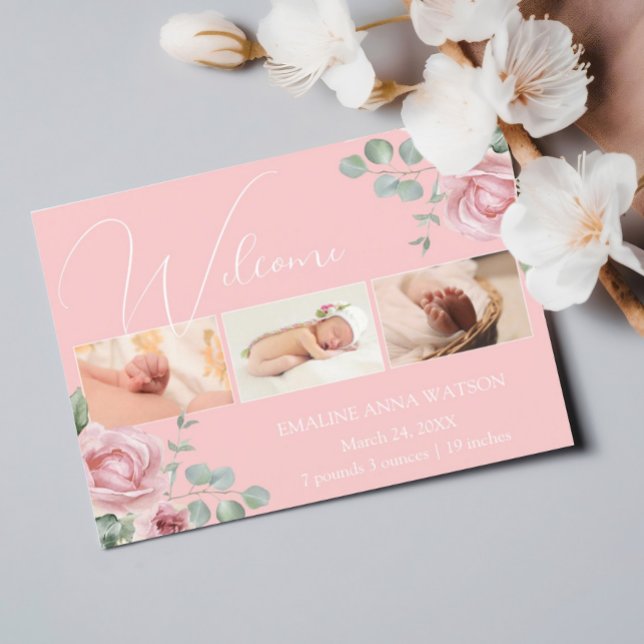 Rose rose photo Baby Girl Faire-part carte postale (Baby girl photo birth announcement with pink roses)
