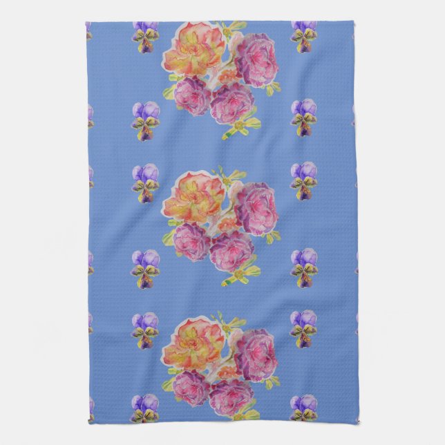 Rose rose Shabby sur bleu Floral Cuisine Serviette (Vertical)