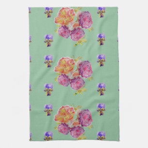 Rose rose Shabby sur Vert Floral Cuisine Serviette