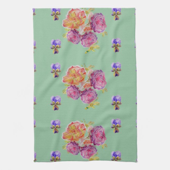 Rose rose Shabby sur Vert Floral Cuisine Serviette (Vertical)