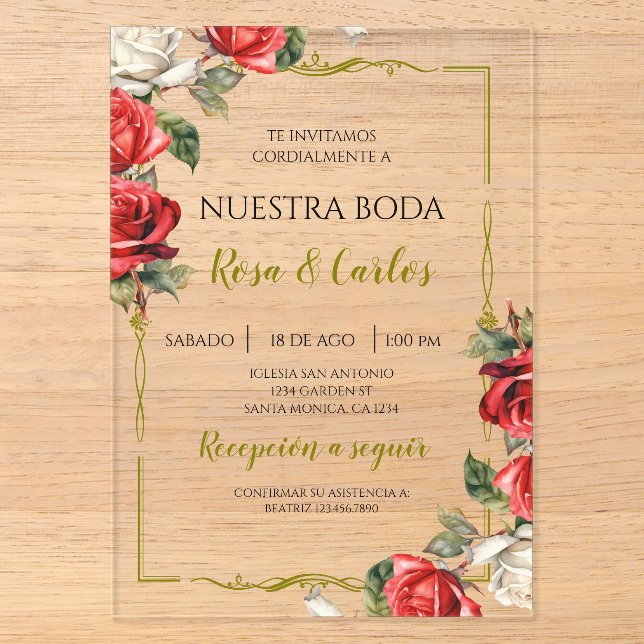 Rose Rose Spanische Hochzeit Acryleinladungen (Vorderseite)