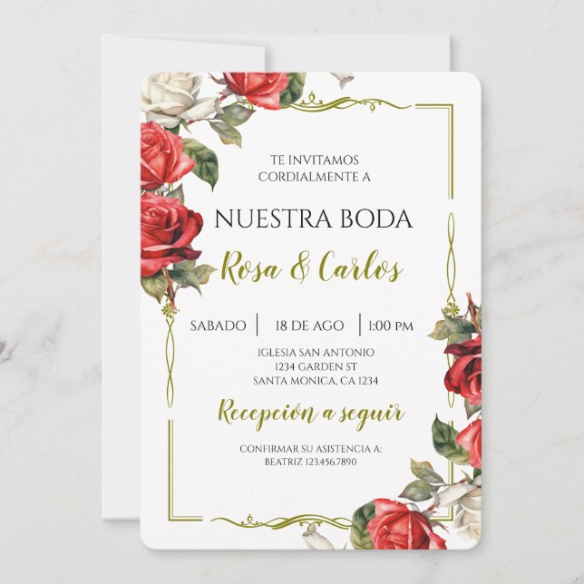 Rose Rose Spanische Hochzeit Einladung (Vorderseite)