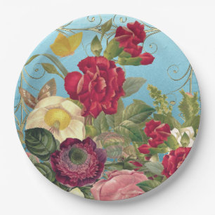 Rose Rot, Burgandy, Gelb, Aquamarin Backed Pappteller