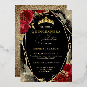 Rose Rot Gold Tiara Quinceanera Folieneinladung