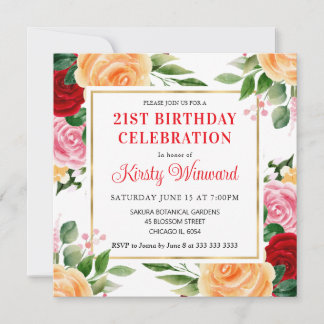 Rose Rot und Orange Blume Geburtstag Einladung