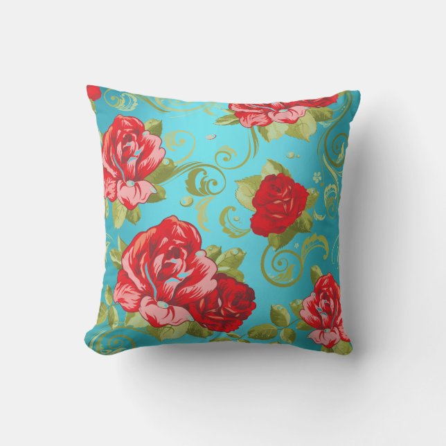 Rose Roter Turquoise Green Magic Garden Blume Kissen (Vorderseite)