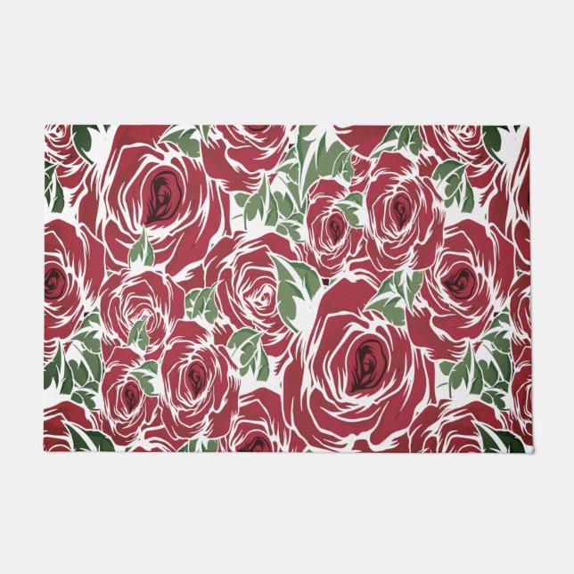 Rose Rotes Grün Vintage Blüte Fußmatte (Vorderseite)