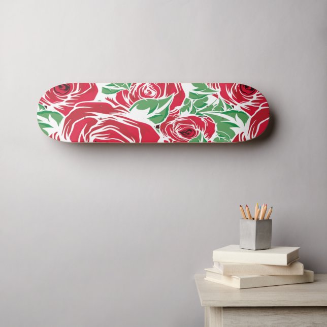 Rose Rotes Grün Vintage Blüte Skateboard (Wandkunst (Horz))