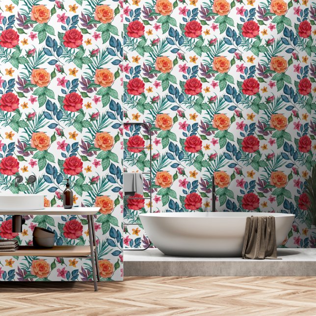 Rose Rotes Orange Grün und Blau Blätter Tapete (Badezimmer)