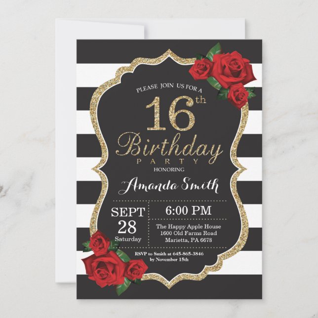 Rose rouge 16e anniversaire Invitation Parties sci (Devant)