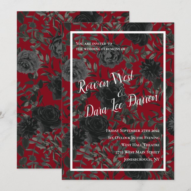 Rose rouge et noir Invitations de mariage gothique (Devant / Derrière)